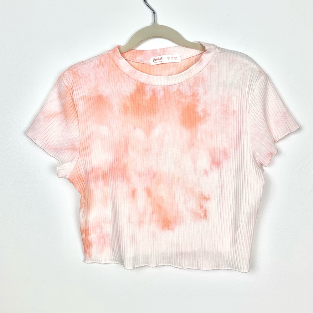 Romwe Coral Tie Dye Short Sleeve Ribbed Crop Top